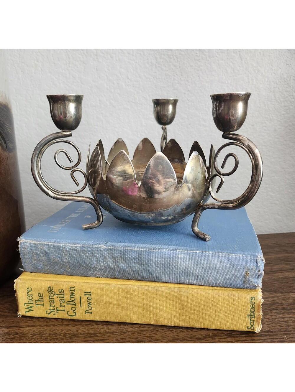 Vintage Leonard Candelabra Silver Plated Lotus Flower Frog 3 Candle Holder Bowl